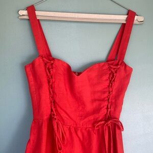 Red Linen REFORMATION bustier lace up midi dress